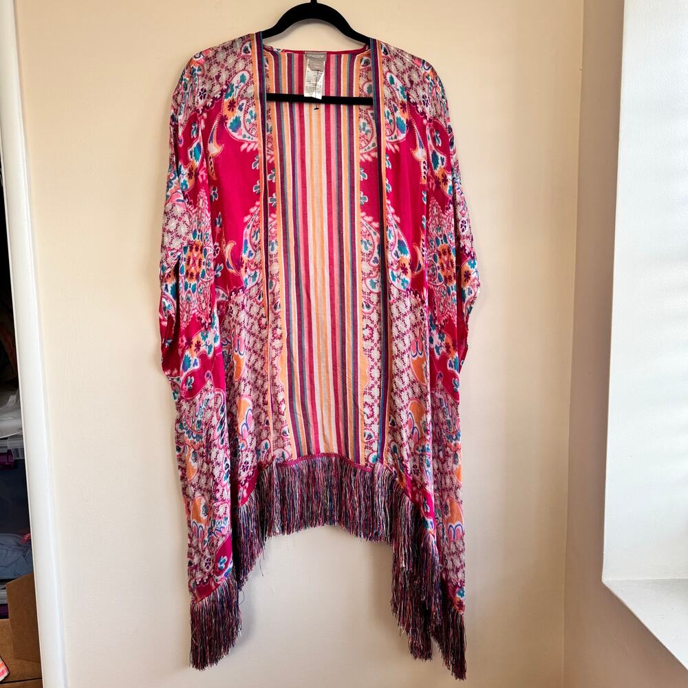 Chico's Linen Kimono Cardigan Pink Blue Paisley Sz L/XL Fringe